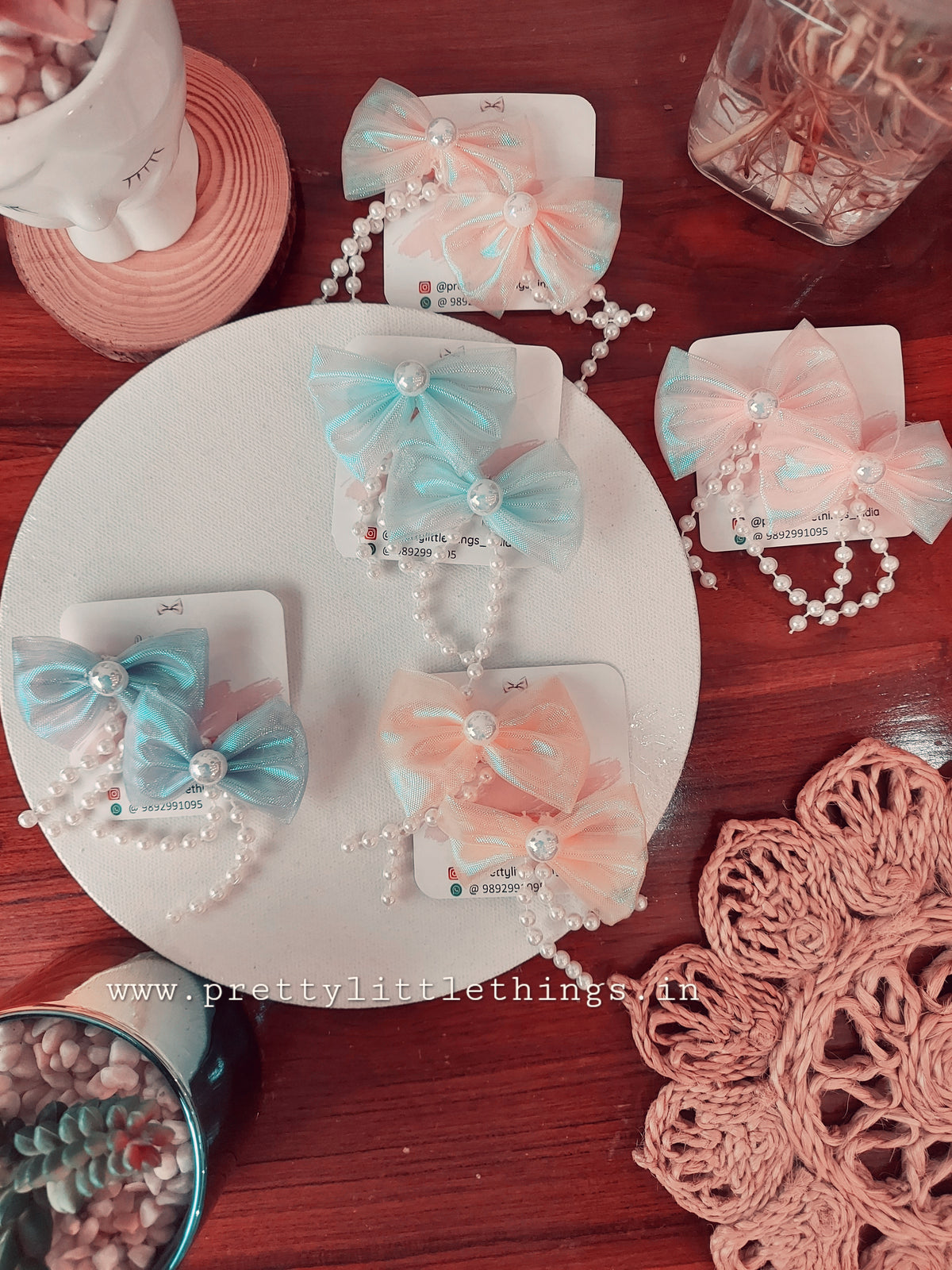 Bow Hair Clips with Pearl Like Chain